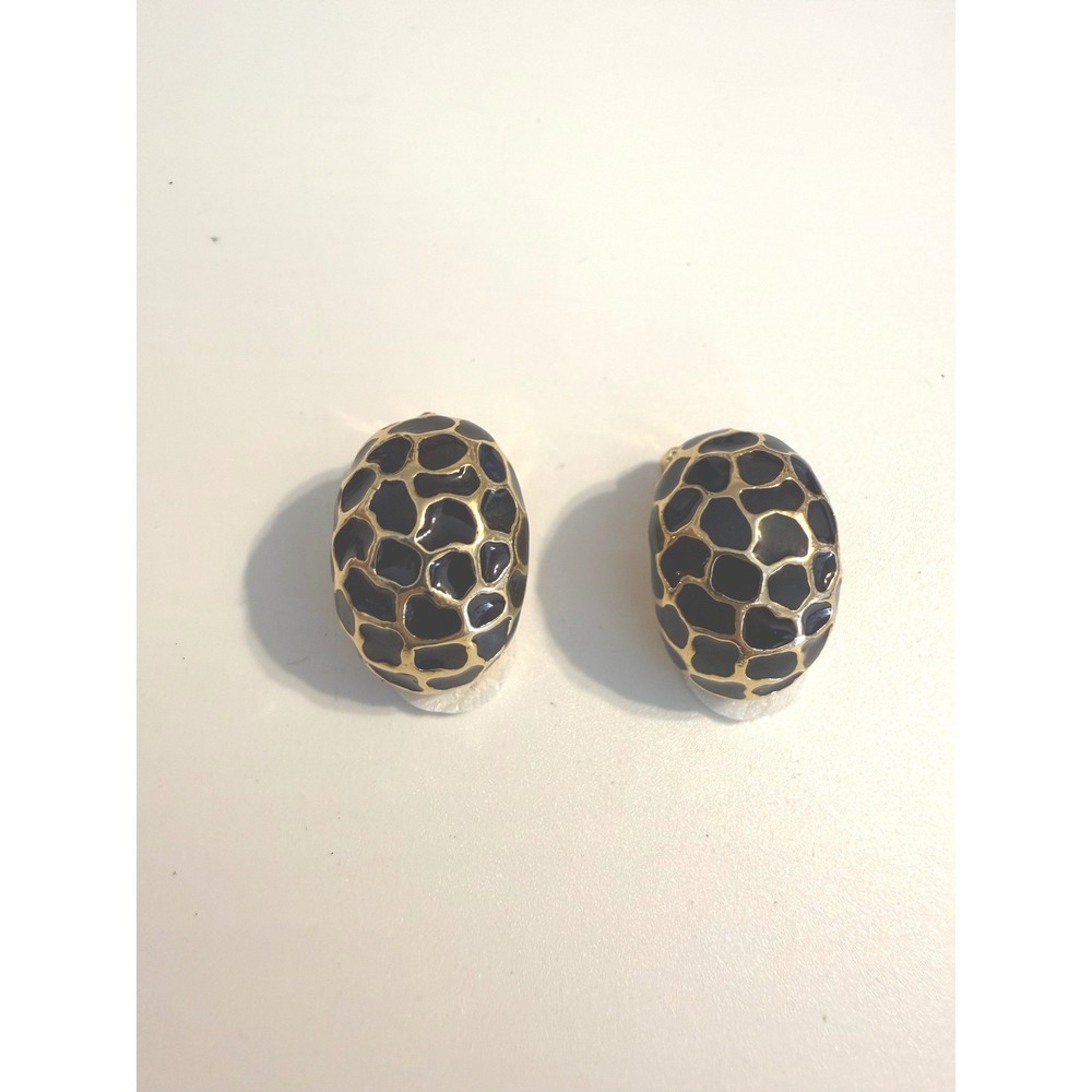 Norma Jean Vintage Gold Tone Black Enamel Giraffe Print Clip On Earrings Oval